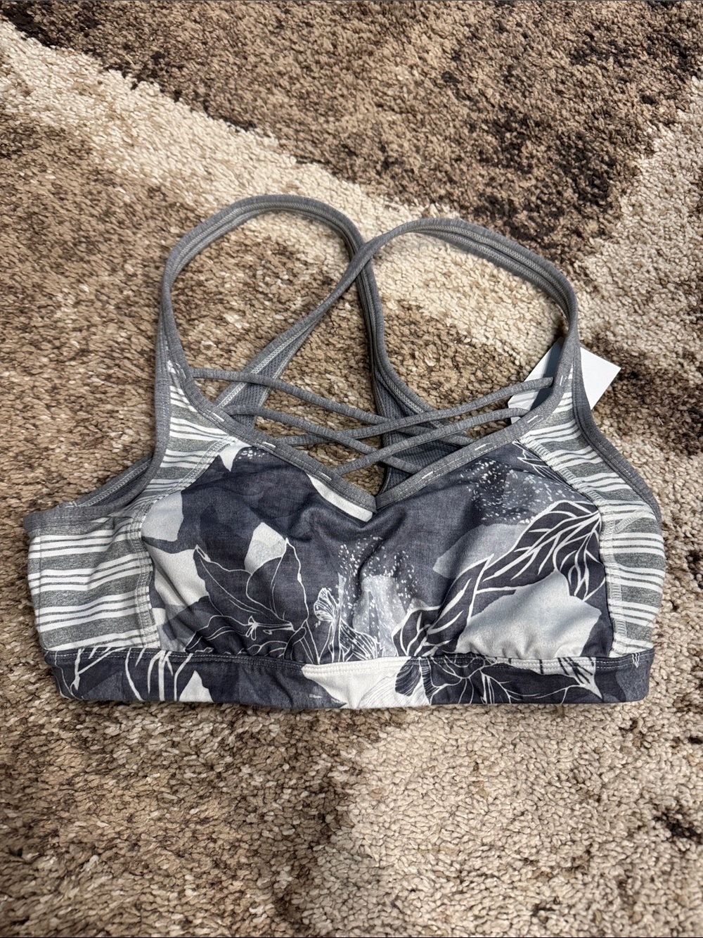 Athleta Gray Floral Strappy Sports Bra with Crossfront Detail